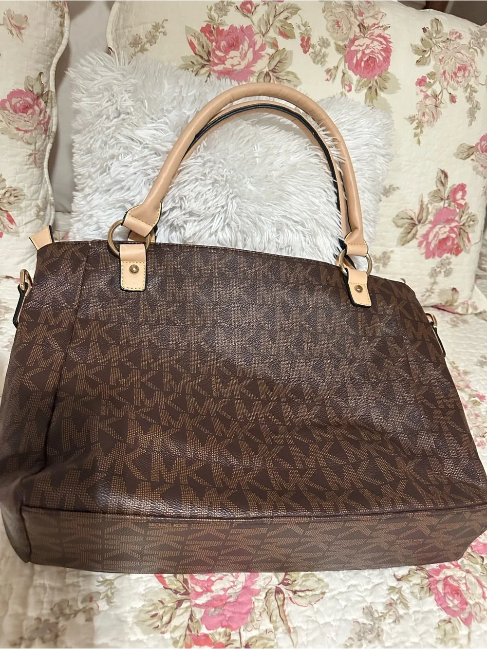 Michael Kors Brown & Tan MK Signature Tote with Tassel Charm